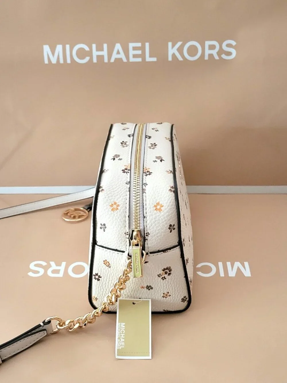 Michael Kors Ashton Extra Small XS Camera Floral Print Crossbody Light Cream Bag